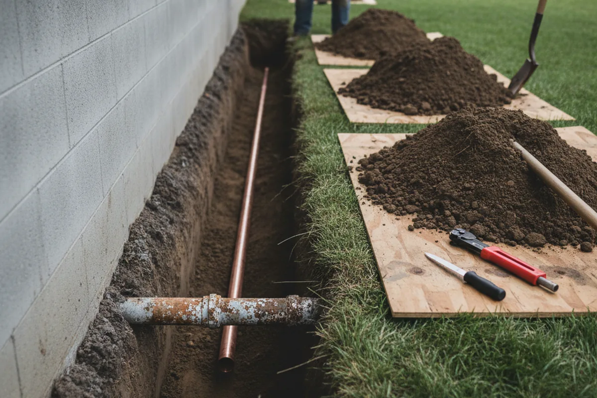 Excavated water line trench during Sewer Line Repair in Grasston